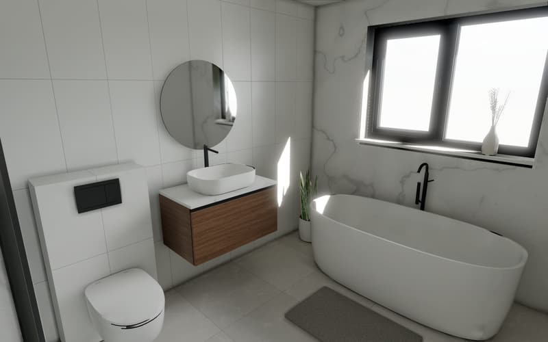 The bathroom renovation sample, finished, seen from inside: a walnut vanity unit with a round lit mirror, a wall-hung toilet, and a freestanding bath under a window with the sun coming in.